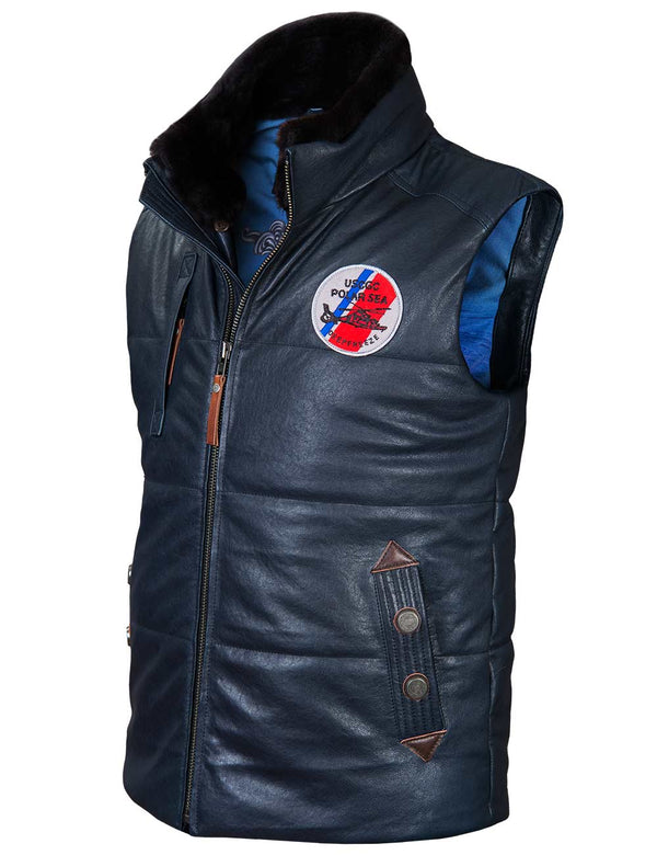 Men's dark blue leather vest with a fur stand-up collar and a round patch on the chest, slightly side view.