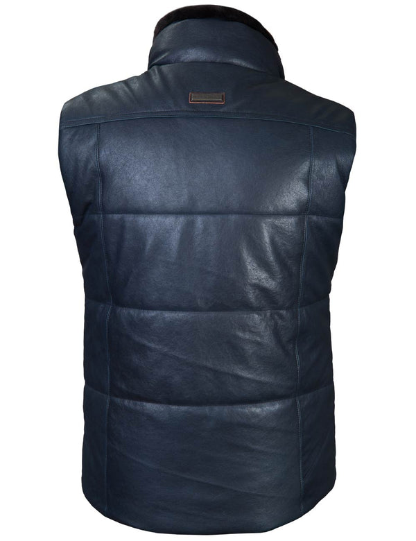 Men's dark blue leather vest with a fur stand-up collar, back view.