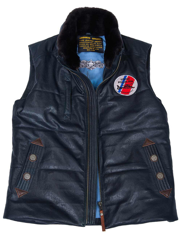 Men's dark blue leather vest with a stand-up fur collar and a round patch on the chest, unbuttoned.