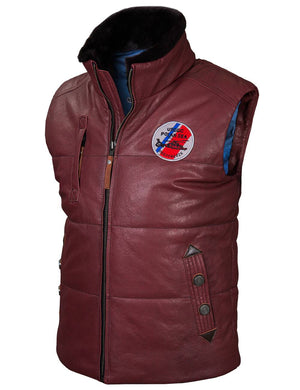 Burgundy leather vest with a fur collar and a round patch on the chest, viewed slightly from the side.