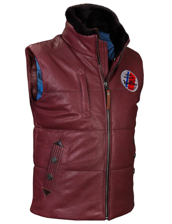 Burgundy leather vest with a fur collar and a round patch on the chest, viewed slightly from the side.