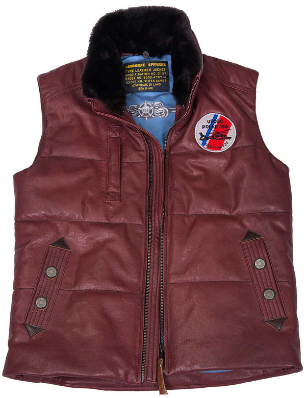 Burgundy leather vest with a fur collar and a round patch on the chest.