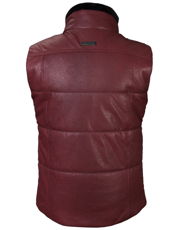 Men's burgundy leather vest with fur collar, back view.