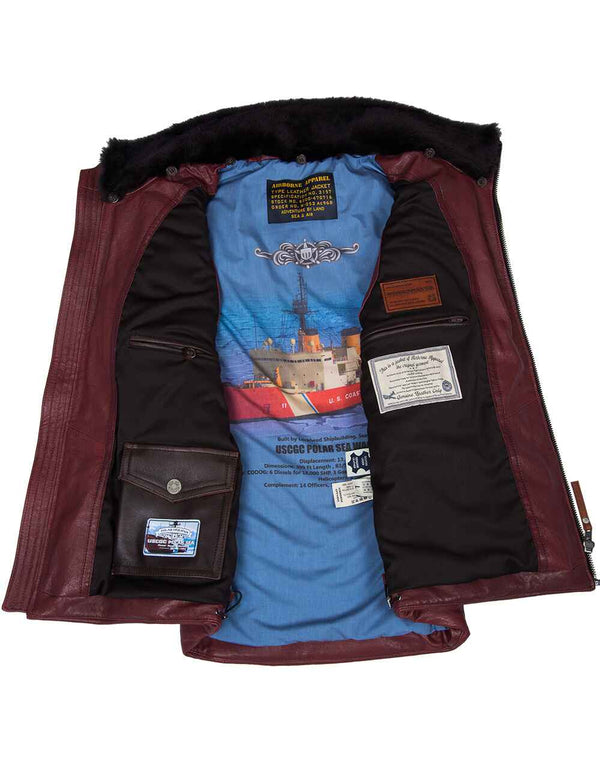 Men's burgundy leather vest with a fur collar, unbuttoned, showing the lining and inner pockets.