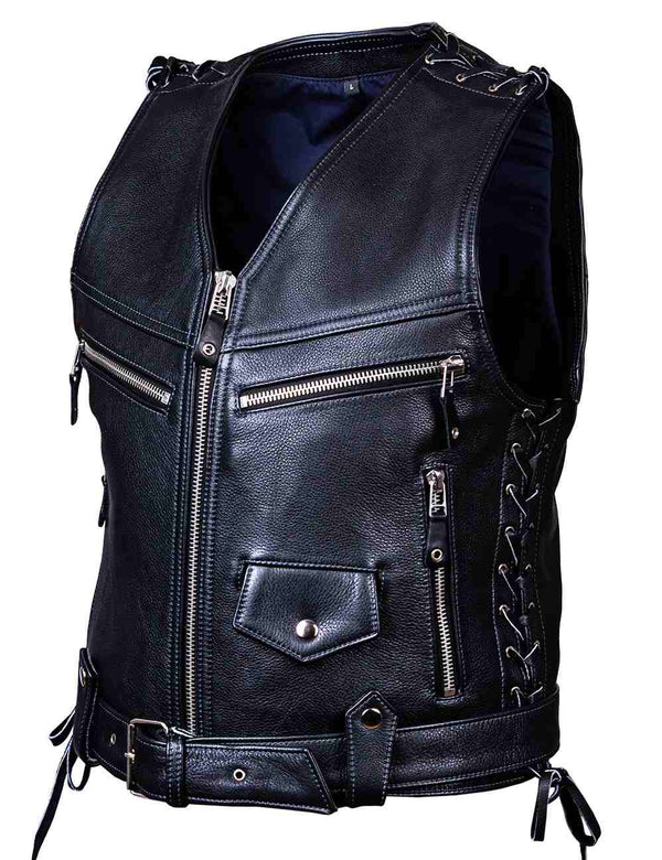 Men's black leather biker vest, slightly side view.