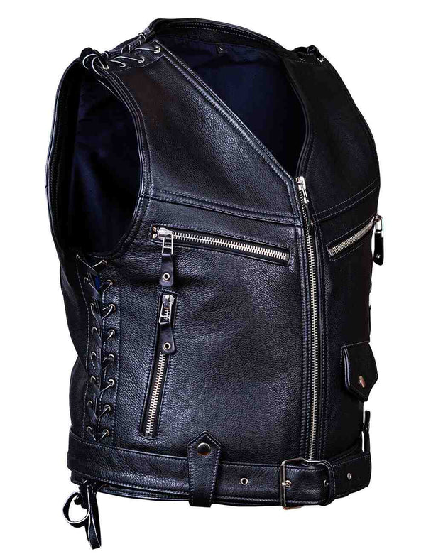 Men's black leather biker vest, slightly side view.