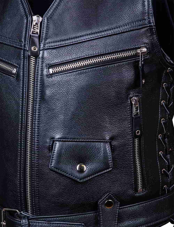 Pockets on a men's black leather biker vest.