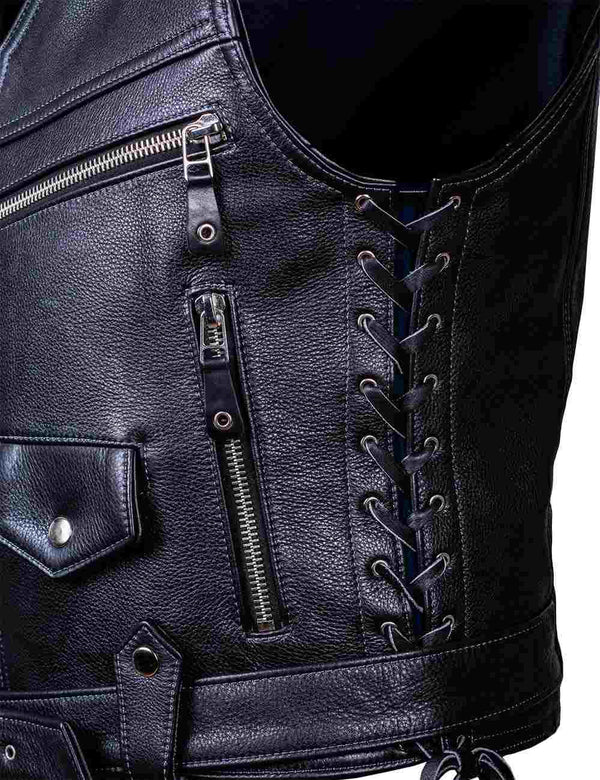 Side lacing on men's black leather biker vest.