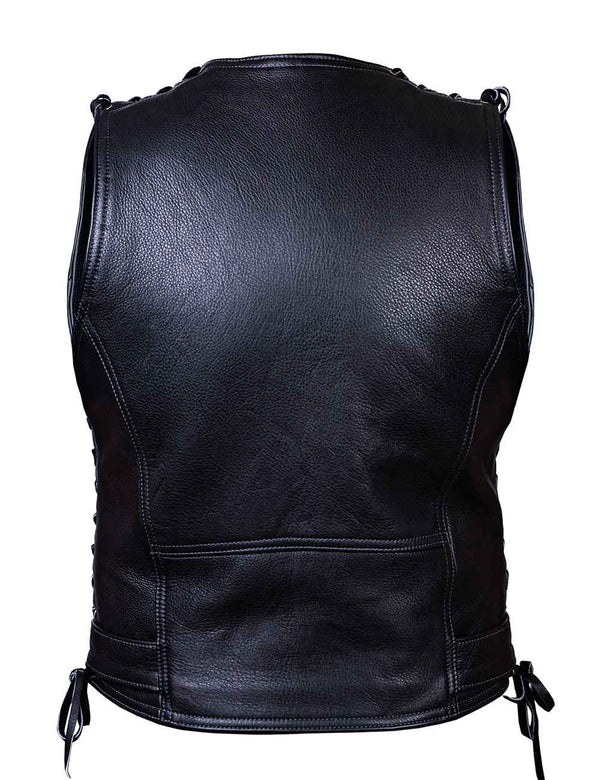 Men's black leather biker vest, back view.