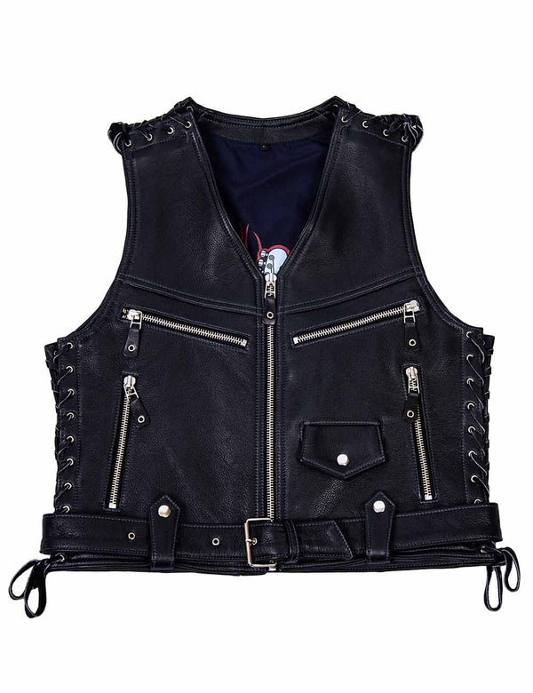 A men's black leather biker vest.