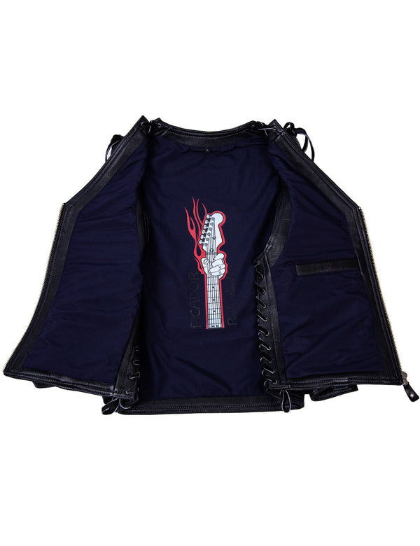 Men's black leather biker vest unbuttoned, revealing dark blue lining with bright print.