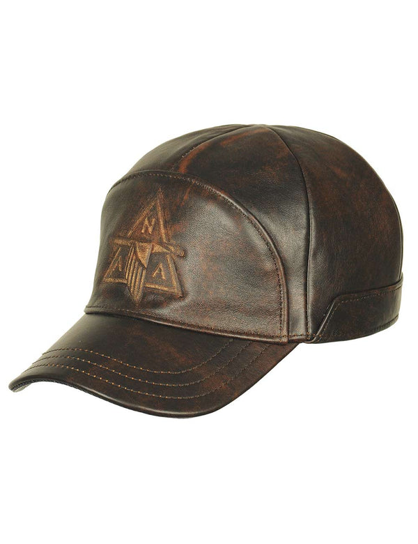 Men's brown leather cap with embossed forehead, slight twist.