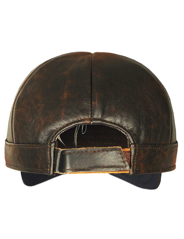 Men's brown leather cap, back view.