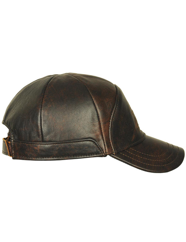 Men's brown leather cap, side view.