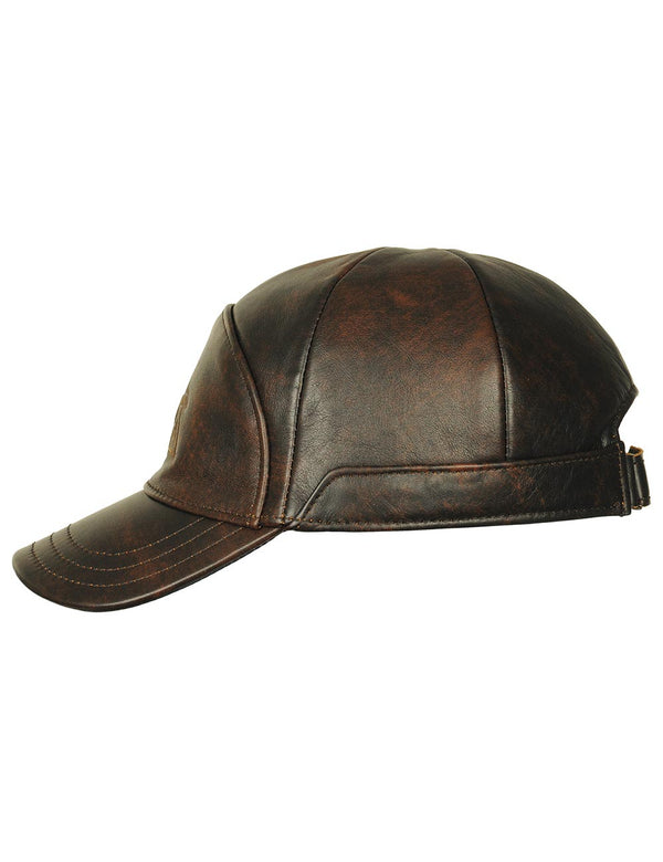 Men's brown leather cap, side view.