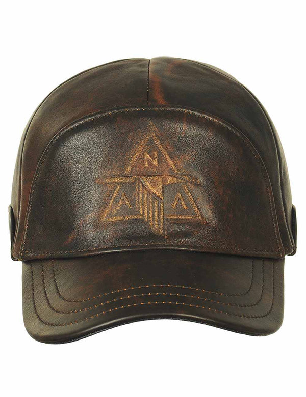 Men's brown leather cap with embossed design on the forehead.