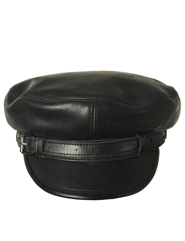 Men's black leather cap with a strap.