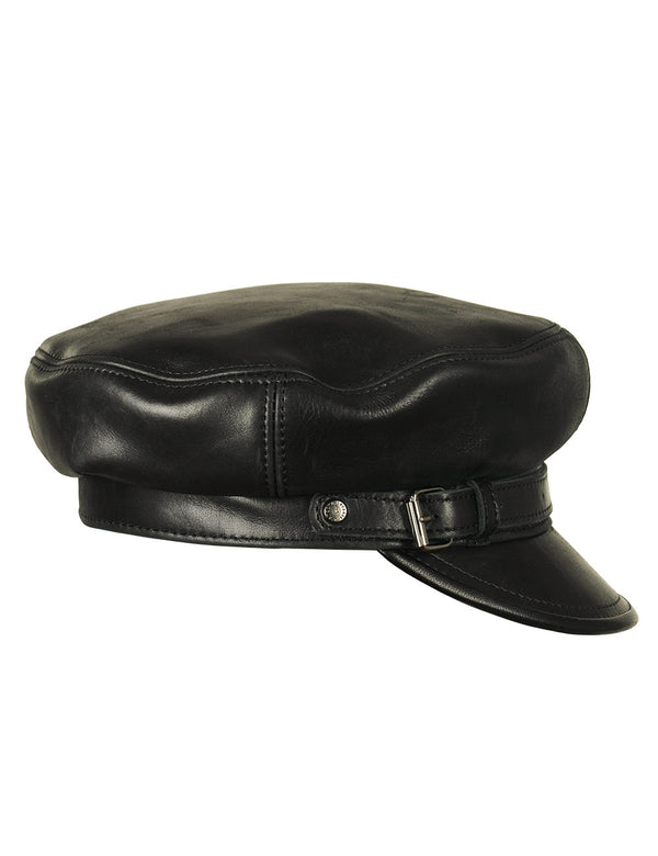 Men's black leather cap with a strap, side view.