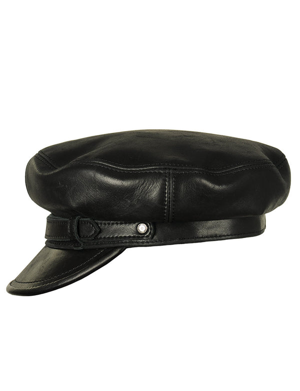 Men's black leather cap with a strap, side view.