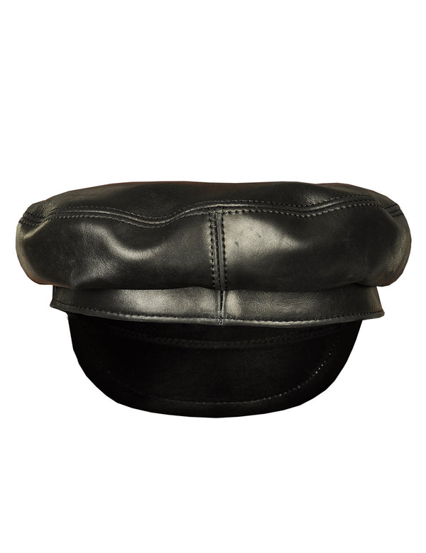 Men's black leather cap, back view.