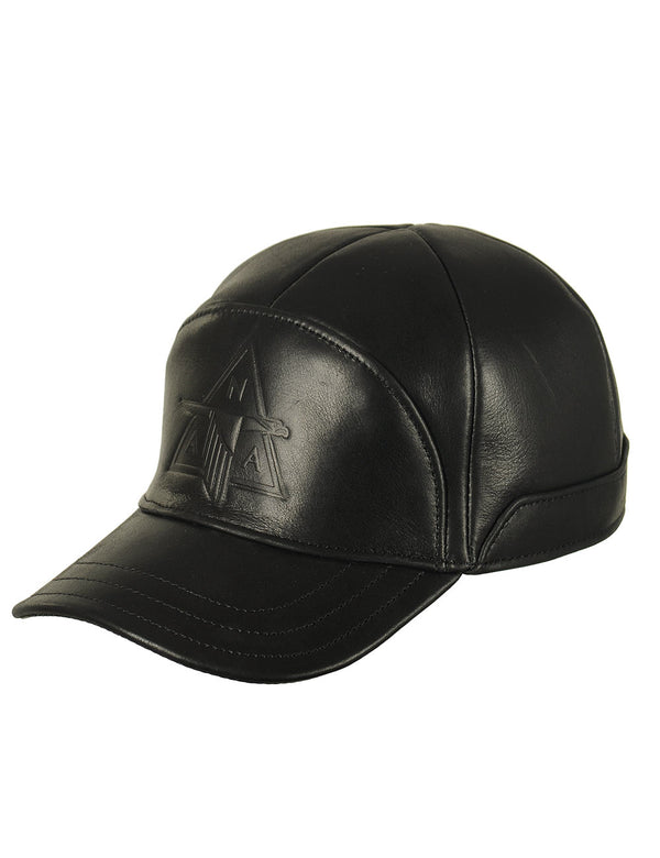 Black men's leather cap with embossing, slightly side view.