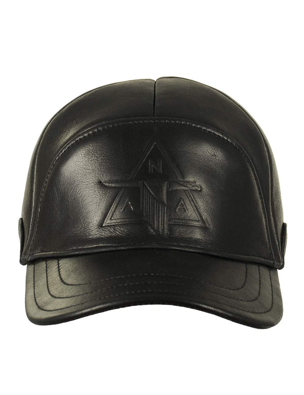 Black men's leather cap with embossing.