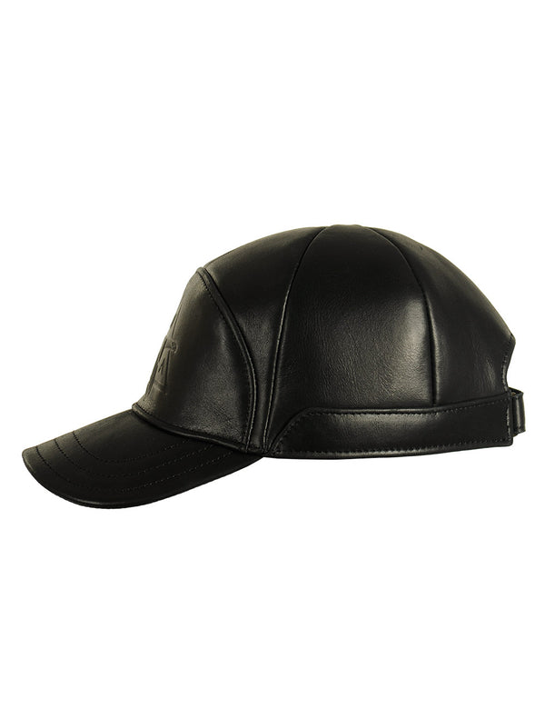 Black men's leather cap, side view.