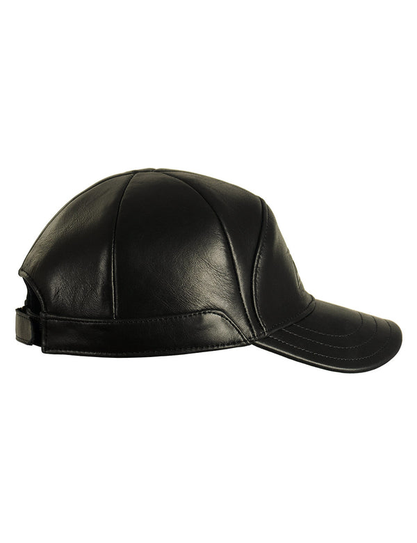 Black men's leather cap, side view.