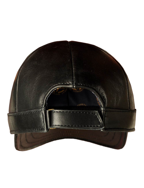 Black men's leather cap, back view.