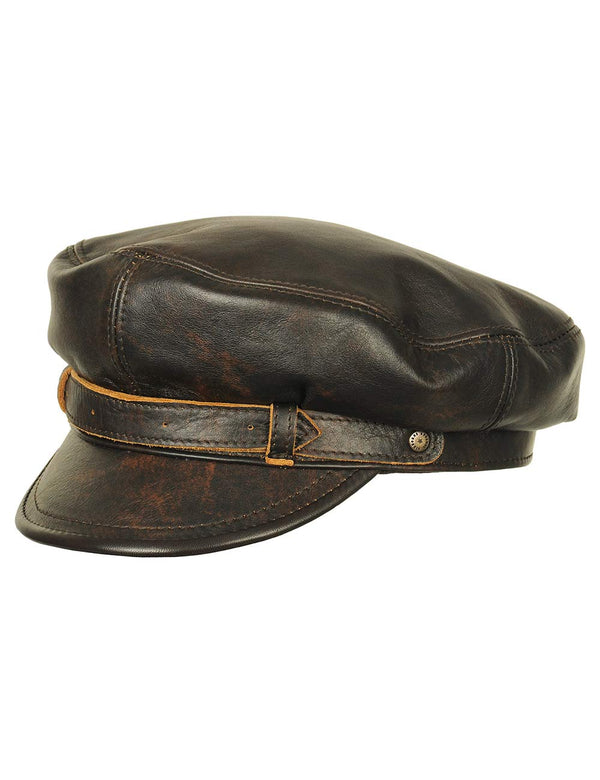 Men's Brown Leather Captain's Cap With Strap, Slight Twist