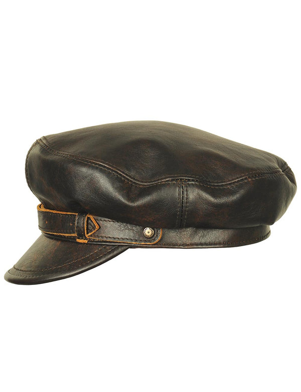 Men's Brown Leather Captain's Cap With Strap Side View