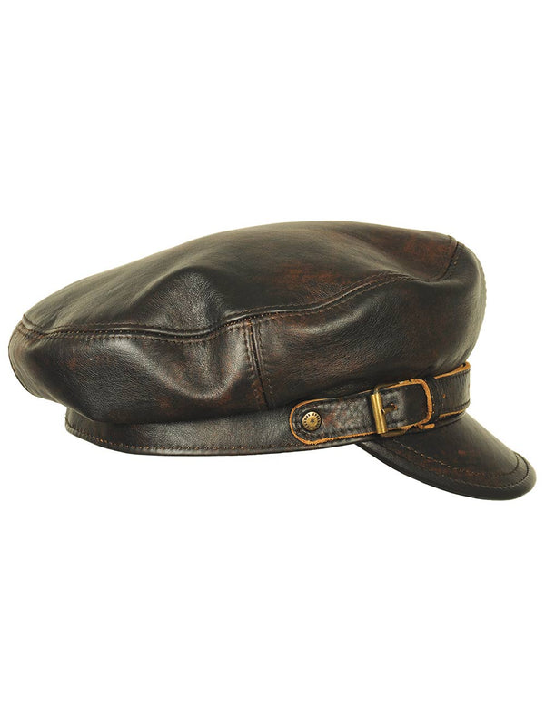 Men's Brown Leather Captain's Cap With Strap Side View