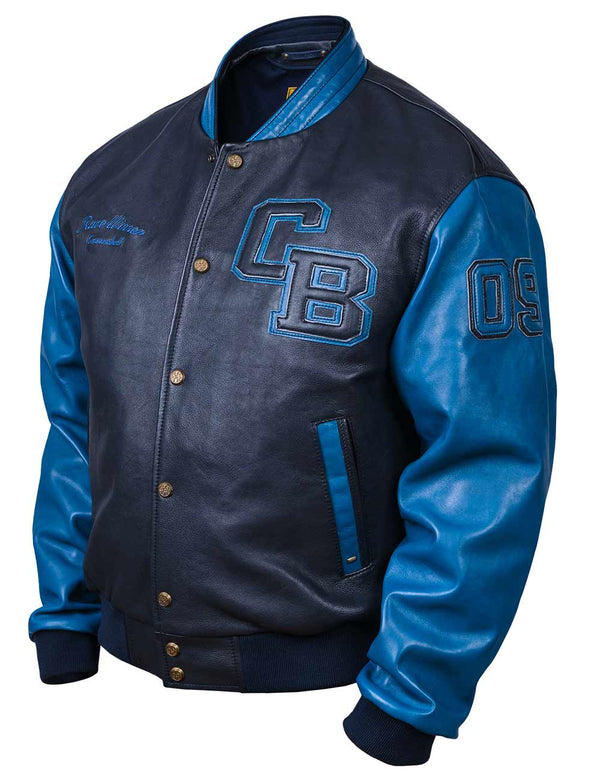 Men's dark blue leather jacket with light blue sleeves, collar and trim. Also has patches on the sleeve and chest.