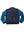 This is a men's dark blue leather jacket with an elastic waistband. Its sleeves and collar are light blue.