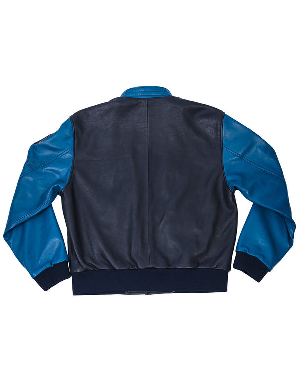 This is a men's dark blue leather jacket with an elastic waistband. Its sleeves and collar are light blue.