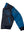The left part of a men's dark blue leather jacket has a light blue sleeve and trim, also with patches on the chest and sleeve.