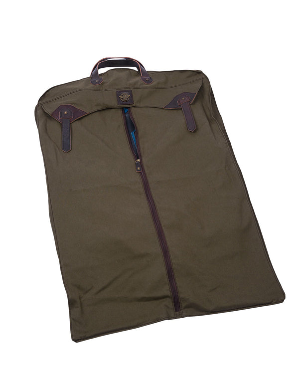 An olive fabric bag with the leather elements.