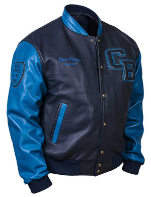 Men's dark blue leather jacket with light blue sleeves, collar and trim. There also patches on the sleeve and chest.