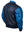 Men's dark blue leather jacket with light blue sleeves and collar. Also visible is the patch on the sleeve. Back view.