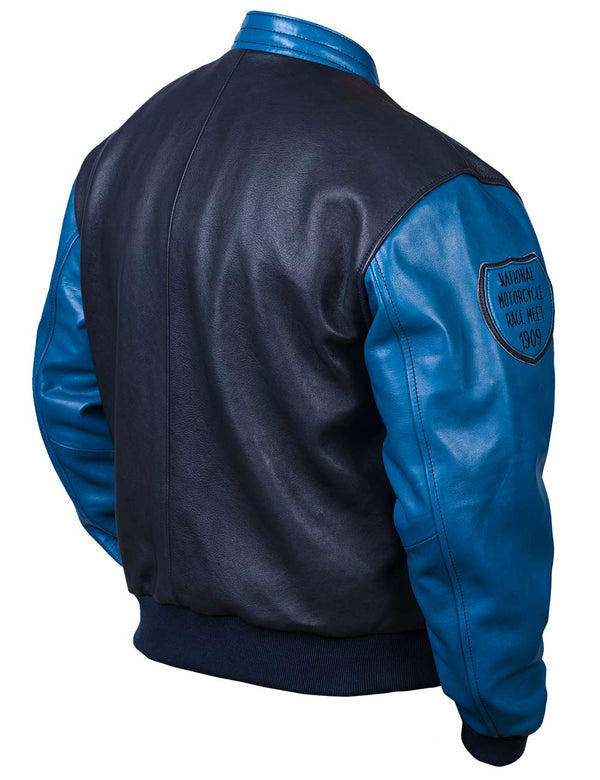 Men's dark blue leather jacket with light blue sleeves and collar. Also visible is the patch on the sleeve. Back view.