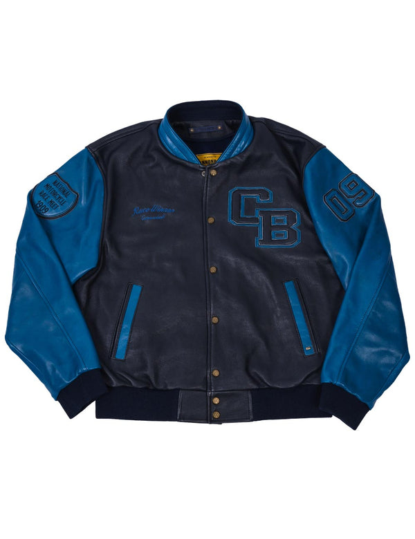 Men's dark blue leather jacket with  light blue sleeves, collar and trim. There are also patches on the chest and sleeves.