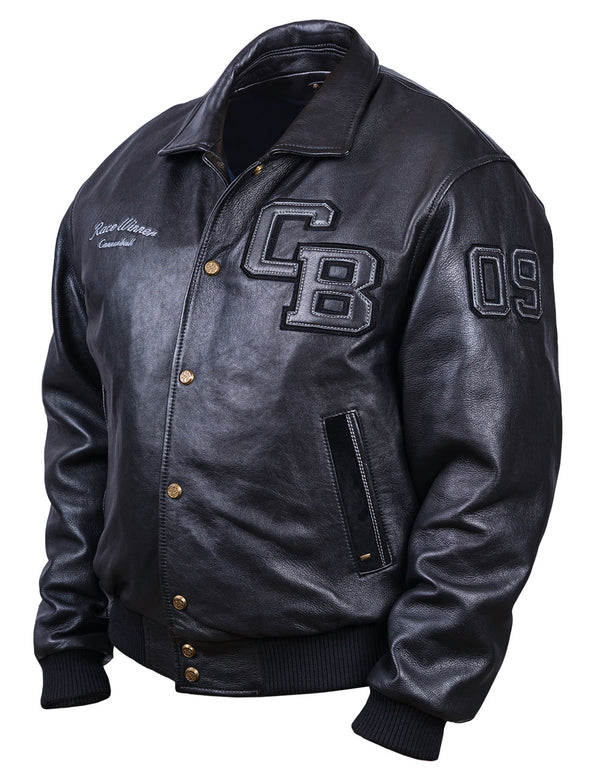 Men's black leather jacket with elasticated waistband and patches on the chest and a sleeve.