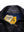 A top of a men's black leather jacket with a label.
