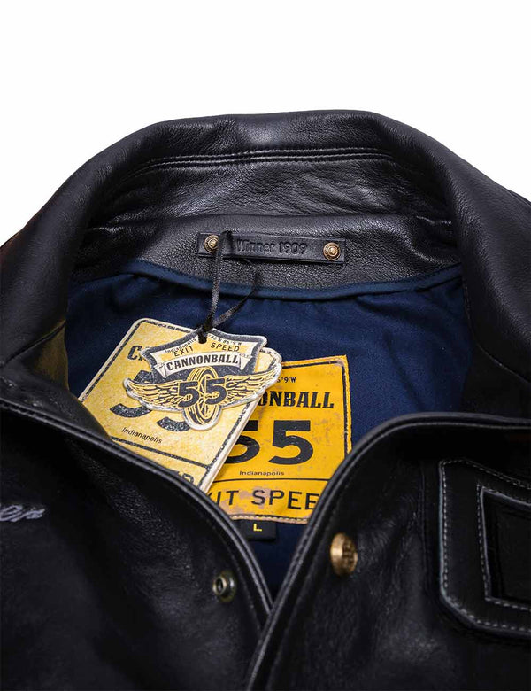 A top of a men's black leather jacket with a label.