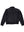 A leather black jacket with an elastic waistband and a patch on the left shoulder on a white background, back view.