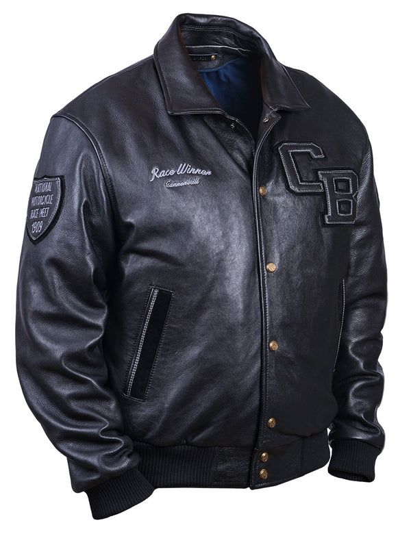 Men's black leather jacket with elasticated waistband and patches on the chest and a sleeve.