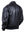 View from the back of a men's black leather jacket with an elastic band and a patch on the sleeve.