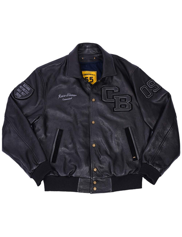 Men's black leather jacket with elasticated waistband and patches on the chest and sleeves.