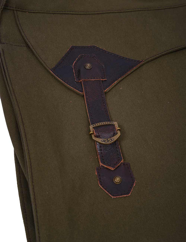 Close-up of a dark brown leather strap and buckle detail on the olive green garment bag.