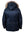 Men's dark blue parka with raccoon fur trimmed hood, back view.